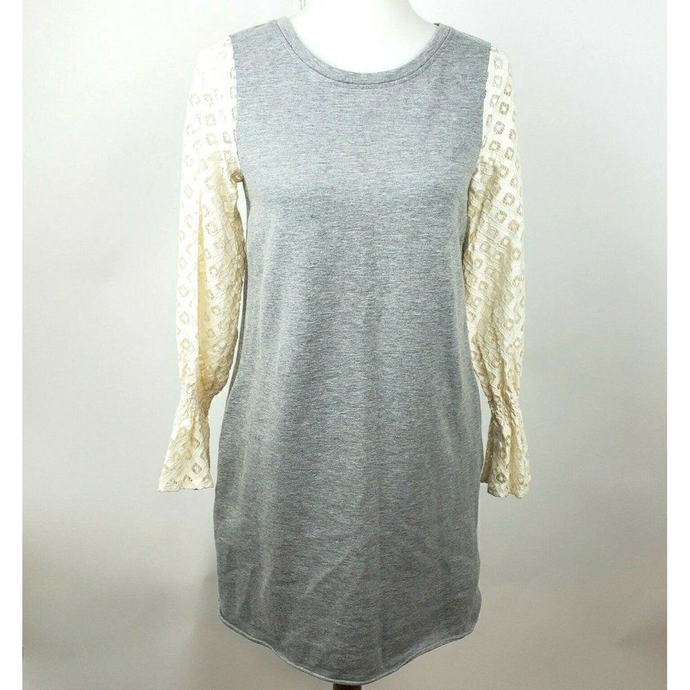 Kensie Sweatshirt Dress Gray Lace Long-Sleeve Pockets Knee Length Womens XS